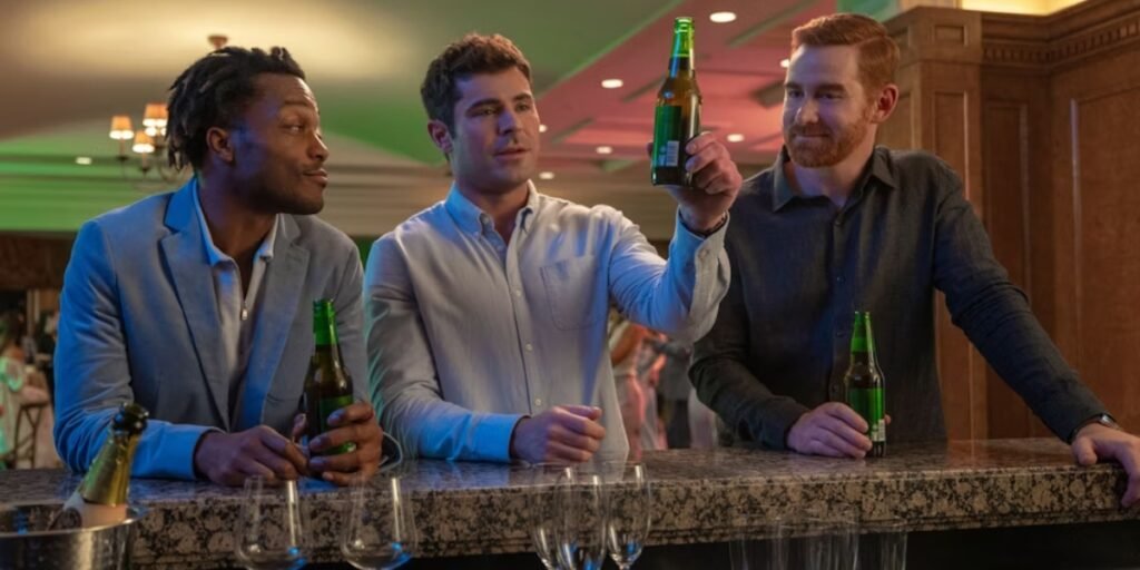 Jermaine Fowler (left), Zac Efron (middle) and Andrew Santino (right) sharing a toast to their imaginary friend, Ricky Stanicky | Agents of Fandom