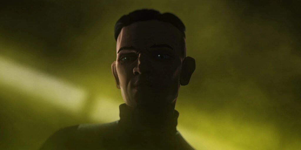 A close up still of Dr. Hemlock looking down with a yellow mist behind him in The Bad Batch Season 3, Episode 10 | Agents of Fandom