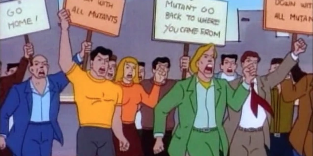 A shot of people protesting against mutants from the original X-Men Animated Series | Agents of Fandom