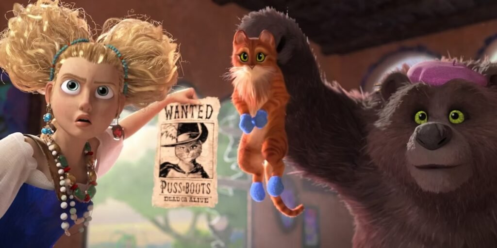 A curly-haired blonde girl (Goldilocks) stands on the left holding a wanted poster for Puss in Boots. Puss in Boots, sporting a beard and wearing mittens on his paws, is being held up by a large brown bear wearing a pink hat | Agents of Fandom