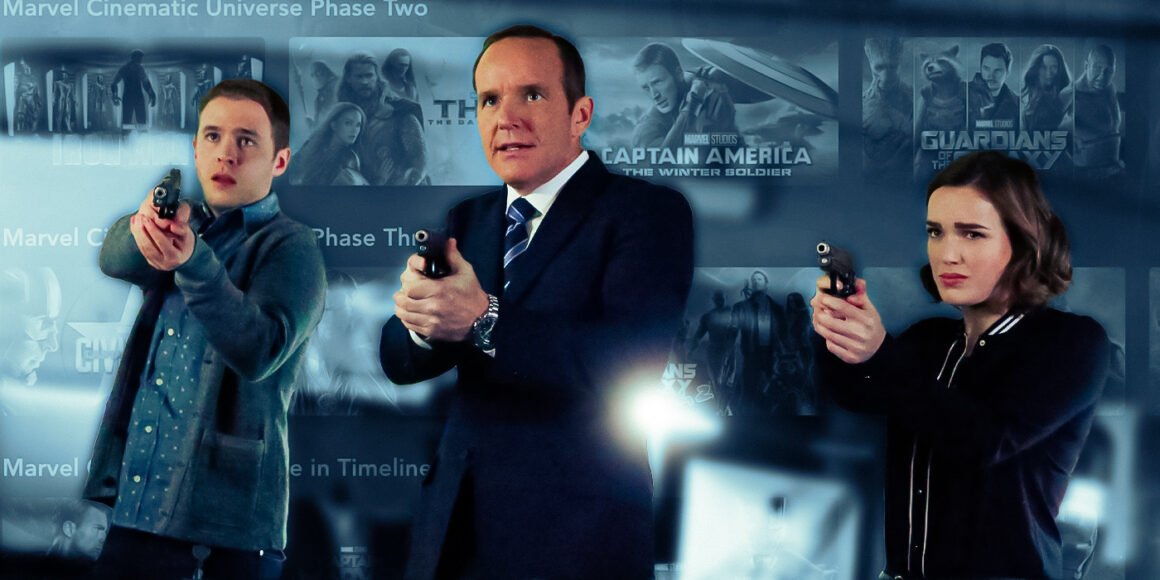 Phil Coulson, Fitz, and Simmons from Agents of SHIELD over a Disney+ Marvel background | Agents of Fandom