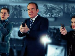 Phil Coulson, Fitz, and Simmons from Agents of SHIELD over a Disney+ Marvel background | Agents of Fandom