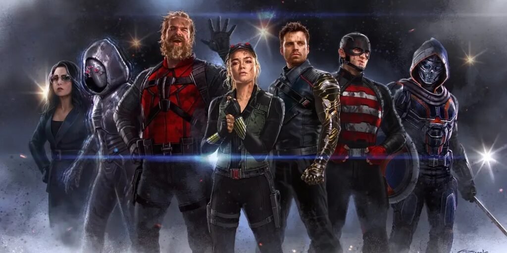 A group of superheroes all stand in a line. A young blonde woman (Florence Pugh) stands in the center.