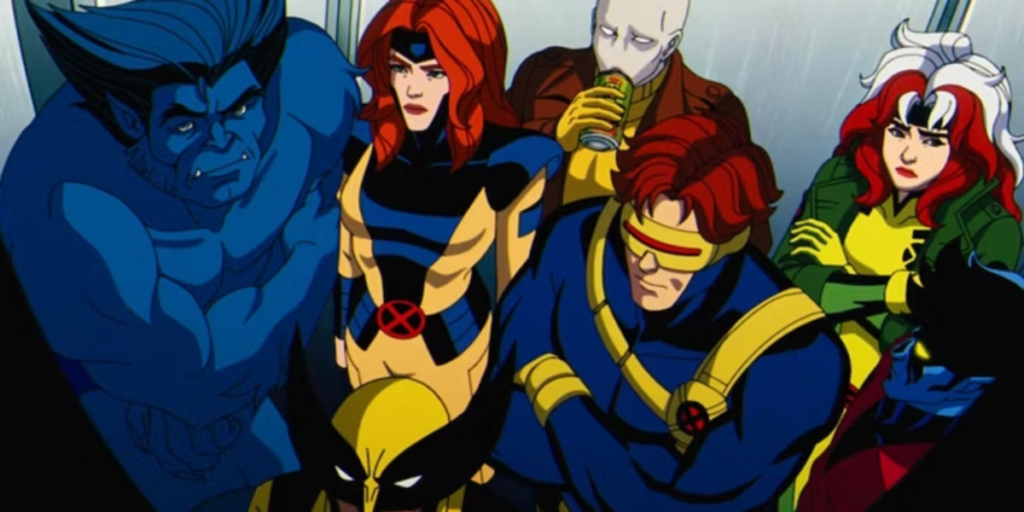 The X-Men huddled together looking dejected in an elevator as Beast looks toward the camera in X-Men '97 | Agents of Fandom