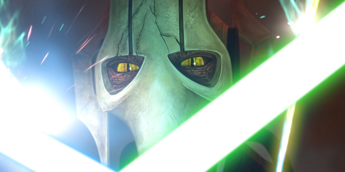 Closeup of General Grievous as he crosses lightsabers with Morgan Elsbeth's mother in Tales of the Empire | Agents of Fandom