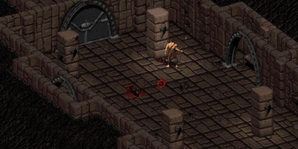 A player standing in a cavern in front of a pillar in Fallout 2 | Agents of Fandom