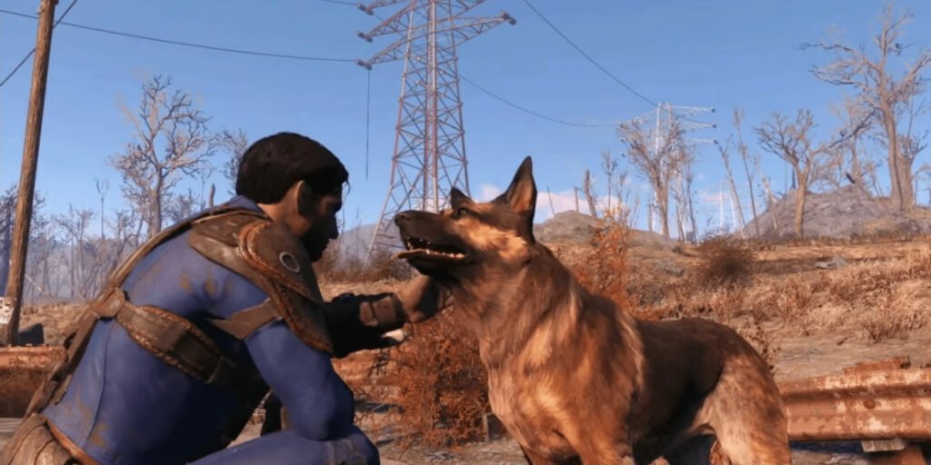 The main character kneeling and petting a dog in the wasteland | Agents of Fandom