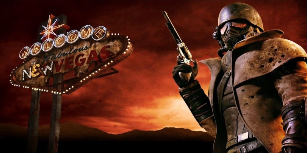 A soldier holding a revolver standing next to a New Vegas sign | Agents of Fandom