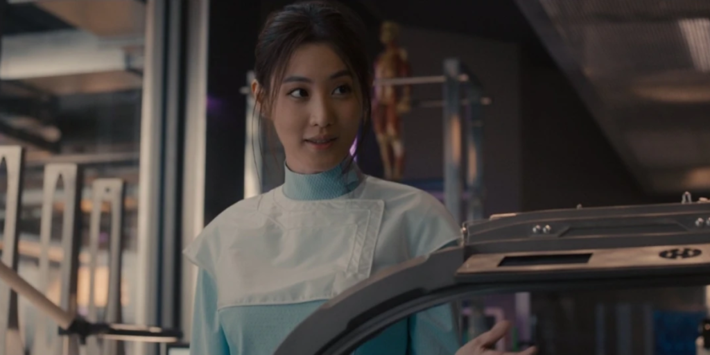 Claudia Kim as Helen Cho in conversing in a laboratory in Age of Ultron | Agents of Fandom