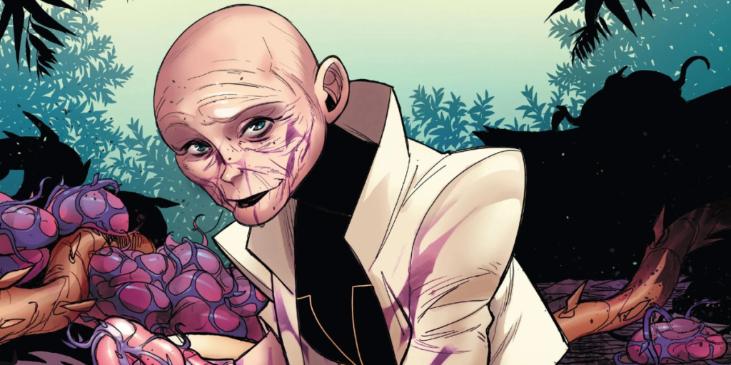 Art of Cassandra Nova from Marvel Comics in a forest with purple juice on her face and body  | Agents of Fandom