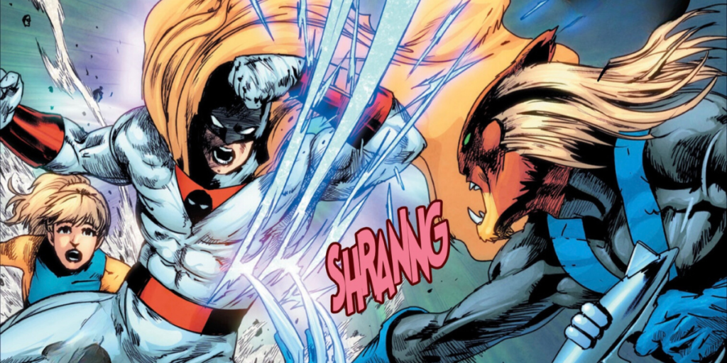 Artwork by Jonathan Lau of Space Ghost blocking a strike from a villain (Brak) while protecting a young woman (Jan) in Space Ghost #1 | Agents of Fandom