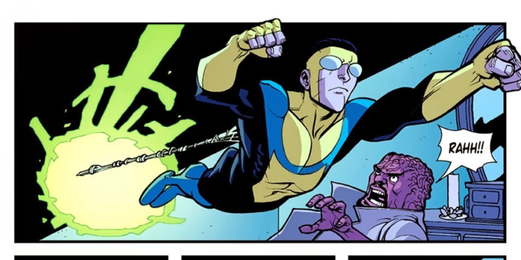 Artwork by Ryan Ottley of Invincible coming through one of Angstrom Levy's portals with web's attached to him from Invincible #33 | Agents Of Fandom