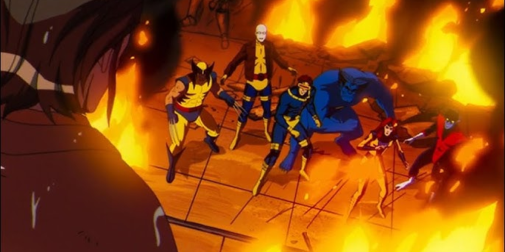 The X-Men looking up at a new unknown foe surrounded by fire in X-Men '97 | Agents of Fandom