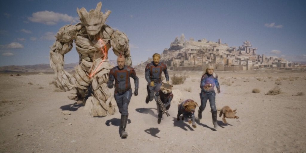 The final shot of Guardians of the Galaxy 3, with the new Guardians running towards the camera in the desert | Agents of Fandom