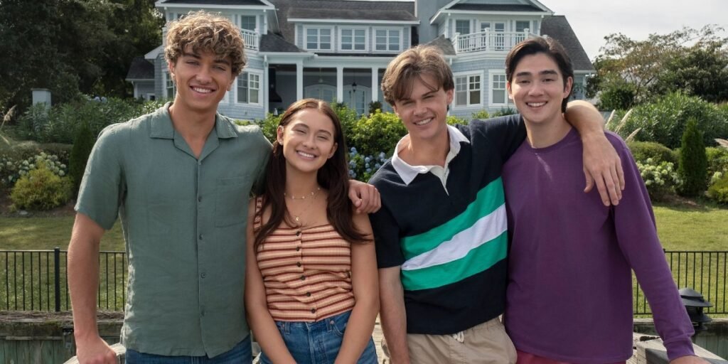 Lola Tung, Christopher Briney, Gavin Casalegno,and Sean Kaufman posing in front of a beach house in Amazon Prime Video's The SUmmer I Turned Pretty | Agents of Fandom