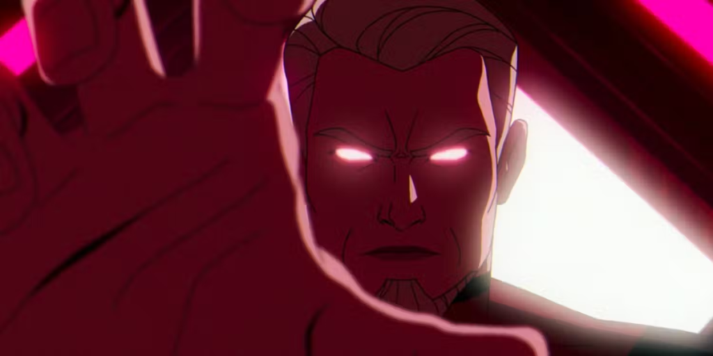 X-Men '97's Bastion reaching his hand out towards the camera while he's bathed in purple light and his eyes glow | Agents of Fandom