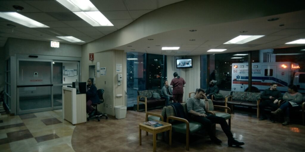 Joel Edgerton as Jason sitting in an emergency room waiting room in Dark Matter Episode 6 | Agents of Fandom