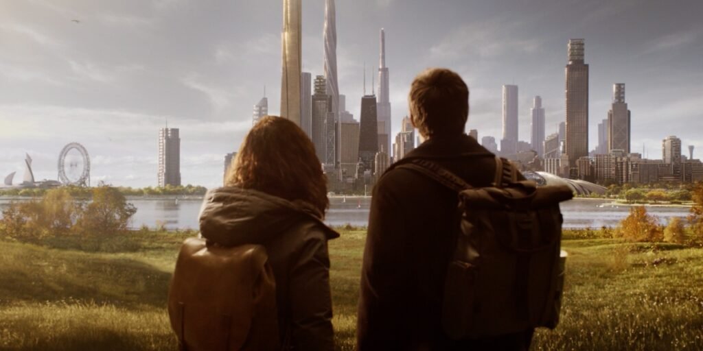 Amanda and Jason standing in the grass admiring a utopian version of Chicago in Dark Matter Episode 7 | Agents of Fandom