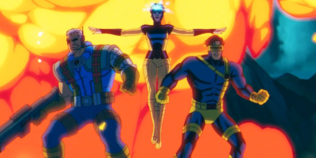 Cable, Cyclops, and Jean standing in front of flames from a battle with the Sentinels with Jean using her powers to protect the others in X-Men '97 | Agents of Fandom