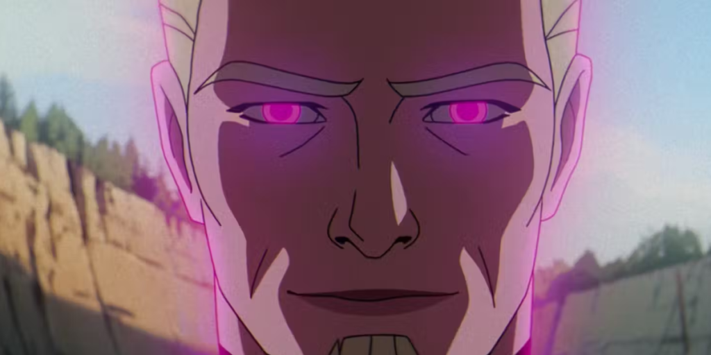 A close-up shot of the villain Bastion with his piercing pink eyes staring into the camera from X-men '97| Agents of Fandom