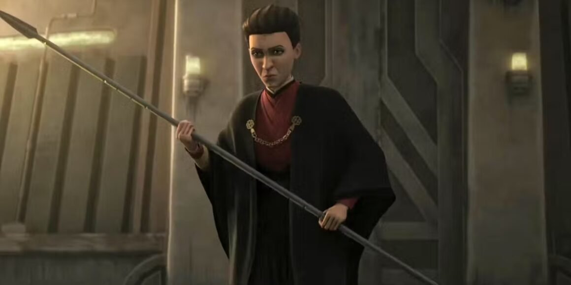Morgan Elsbeth wields her Beskar spear on Corvus in Tales of the Empire Episode 2 | Agents of Fandom