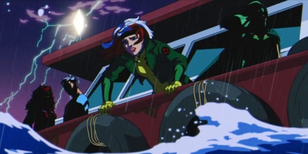 Rogue, Madga Eisenhart, Scarlet Witch and Quicksilver covered in shadow on a boat as the waves come crashing in in X-Men '97 | Agents of Fandom