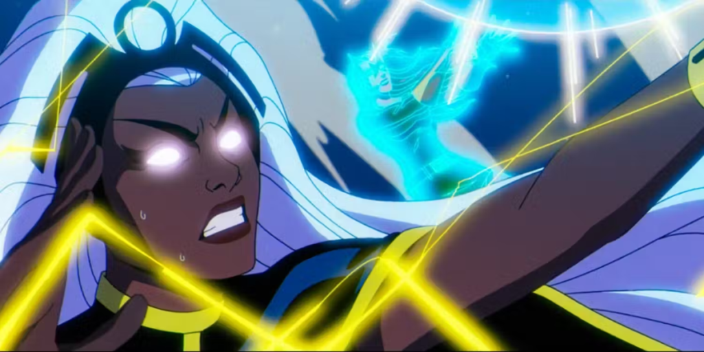 Storm and Jean struggle to hold back Asteroid M, using their full power to the point that Storm is sweating from the strain in X-Men '97 | Agents of Fandom