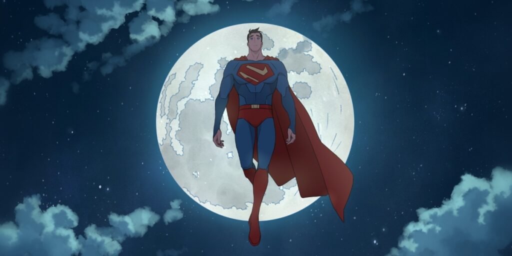 Superman looks upon the world with the moon in the background in My Adventures With Superman Season 2, Episode 4 | Agents of Fandom