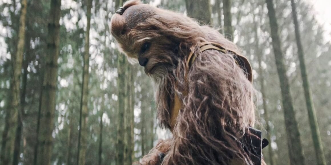 The Wookie Jedi Kelnacca looking down while standing in a forest in The Acolyte Episode 4 | Agents of Fandom