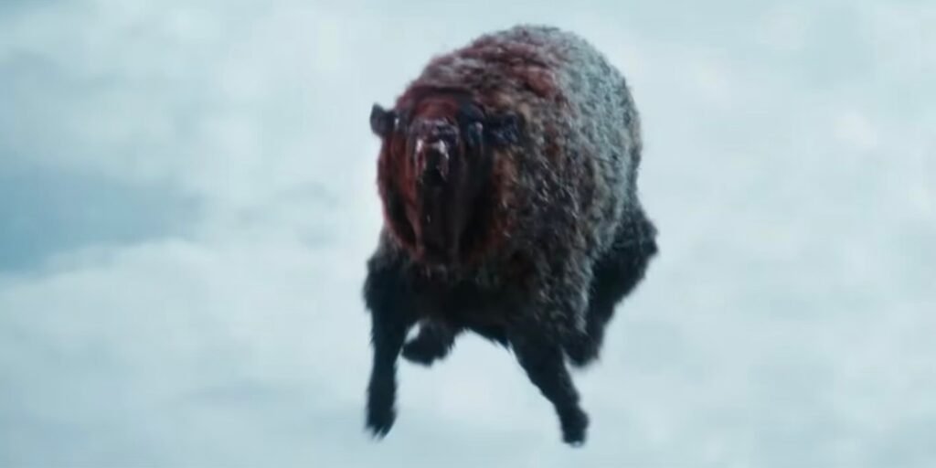 A sheep that has been injected with Compound V flying through the air in The Boys Season 4, Episode 5 | Agents of Fandom