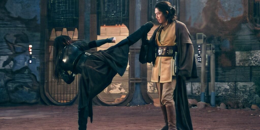 Mae attempts a high kick while fighting Jedi Master Sol in The Acolyte Episode 2 | Agents of Fandom