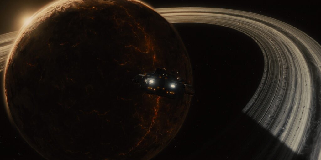 A small spacecraft in orbit around a ringed orange planet with cracks down the side of it in Alien: Romulus | Agents of Fandom