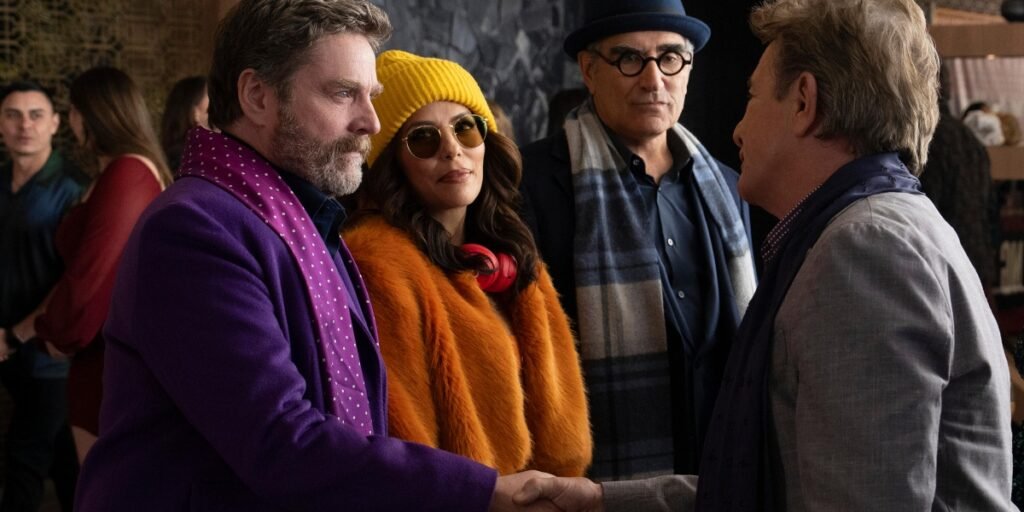 Zach Galifinakis, Eva Longoria and Eugene Levy are introduced to the trio in Only Murders in the Building | Agents of Fandom