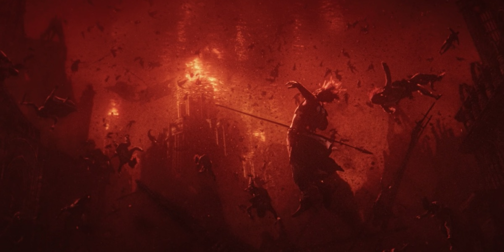 Bodies suspended in the air among fire and destruction during The War of Wrath as depicted in The Lord of the Rings: The Rings of Power Season 1 | Agents of Fandom