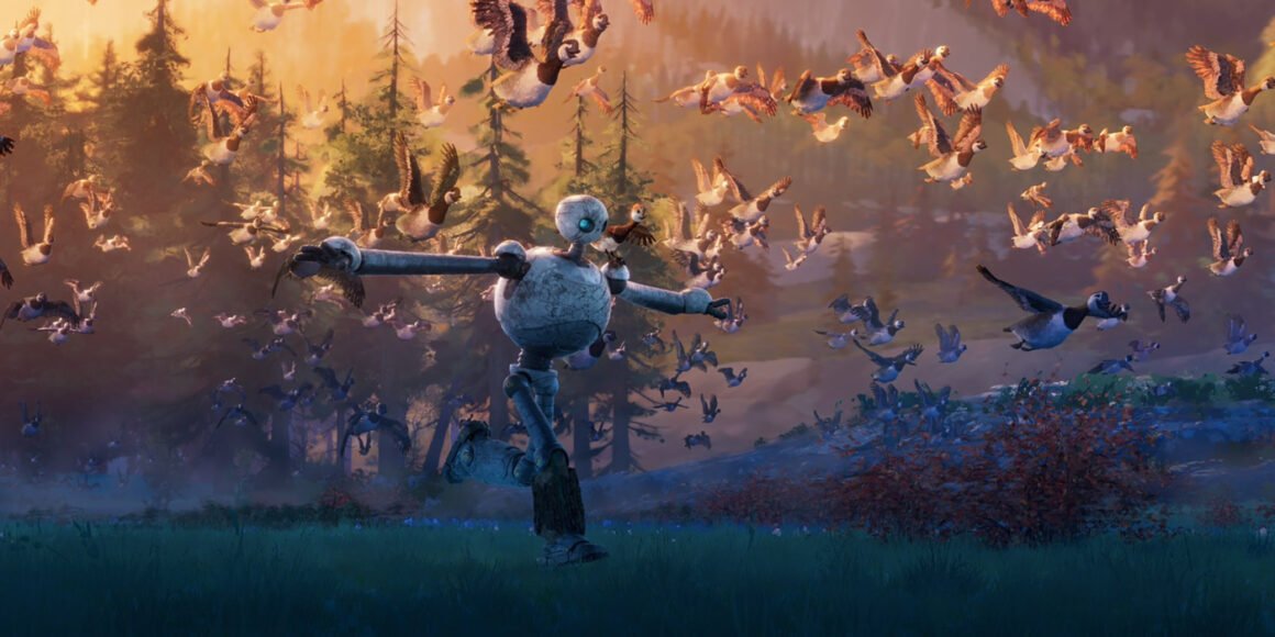 Roz (Lupita Nyong'o) running through the forest with her arms out as a gaggle of geese fly through the air in The Wild Robot | Agents of Fandom