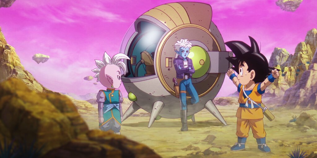 Supreme Kai (Yumiko Kobayashi), Glorio (Kōki Uchiyama), and Goku (Masako Nozawa), inspecting the Third Demon World in Dragon Ball Daima | Agents of Fandom