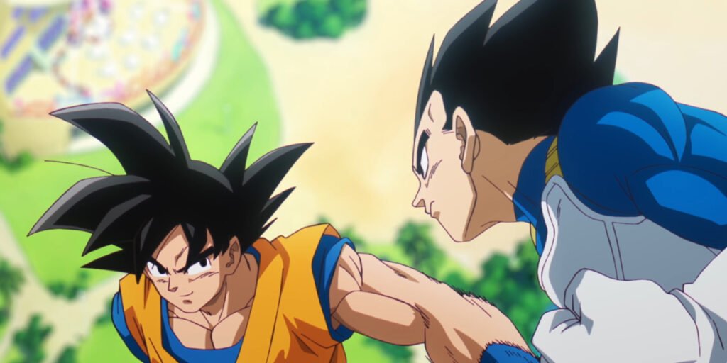 Goku (Masako Nozawa) and Vegeta (Ryō Horikawa) flying through their air as they fight in Dragon Ball Daima | Agents of Fandom