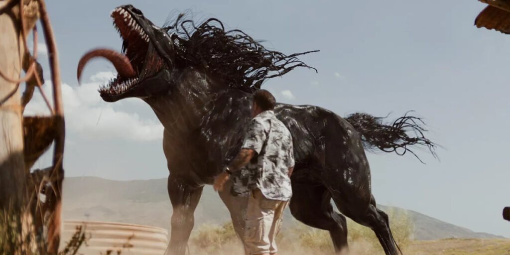 Venom (Tom Hardy) takes over a horse while Eddie Brock (Tom Hardy) stands in shock in Venom: The Last Dance | Agents of Fandom