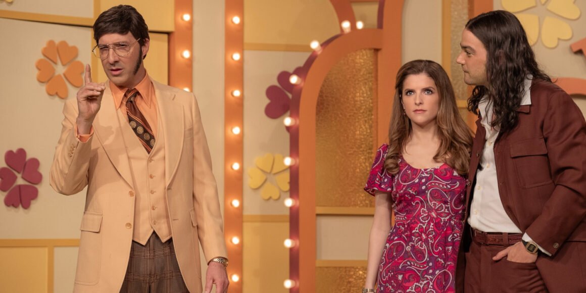 Ed Burke (Tony Hale), Cheryl Bradshaw (Anna Kendrick), and Rodney Alcala (Daniel Zovatto) on the set of The Dating Game in Woman of the Hour | Agents of Fandom