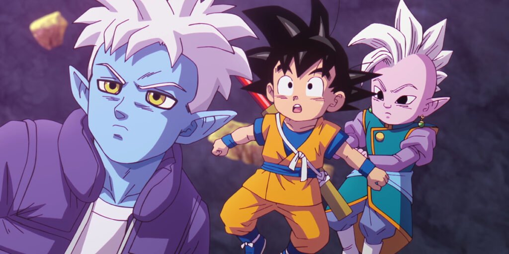 Glorio (Kōki Uchiyama), Goku (Masako Nozawa), and Supreme Kai (Yumiko Kobayashi) hover over the Sea of Darkness in Dragon Ball Daima Episode 4 | Agents of Fandom