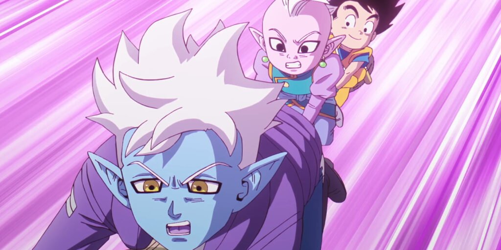 Glorio (Kōki Uchiyama), Supreme Kai (Yumiko Kobayashi), and Goku (Masako Nozawa) travelling on a Sky Seed in Dragon Ball Daima Episode 4 | Agents of Fandom