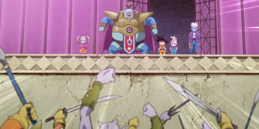 Panzy (Fairouz Ai), King Kadan (Naomi Kusumi), Goku (Masako Nozawa), Supreme Kai (Yumiko Kobayashi), and Glorio (Kōki Uchiyama) looking over Kadan's soldiers in Dragon Ball Daima Episode 5 | Agents of Fandom