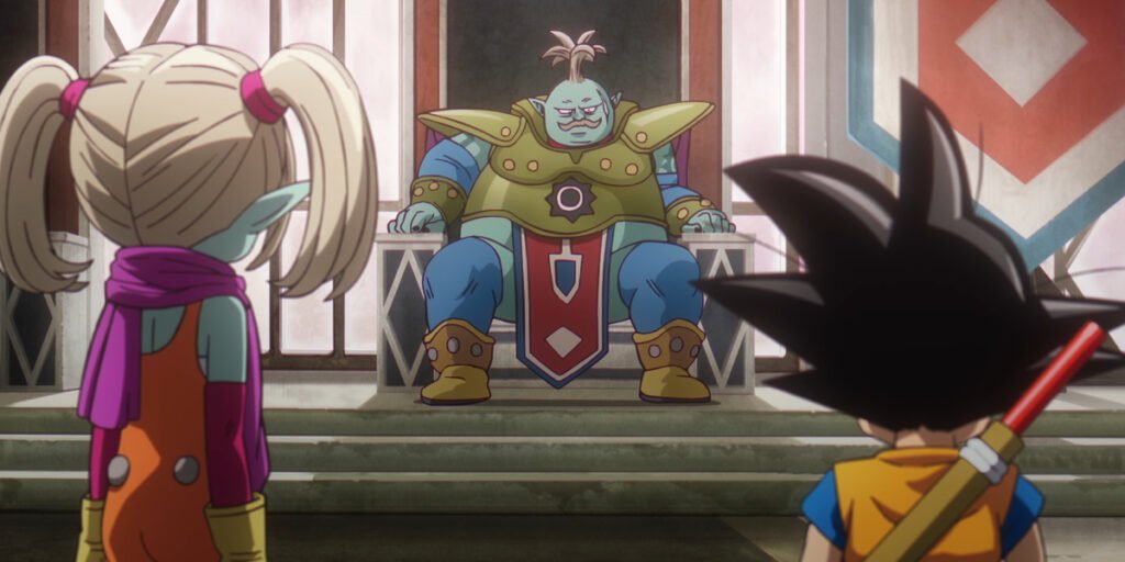 King Kadan (Naomi Kusumi) sits on a throne as Panzy (Fairouz Ai) and Goku (Masako Nozawa) listen to him in Dragon Ball Daima Episode 5 | Agents of Fandom