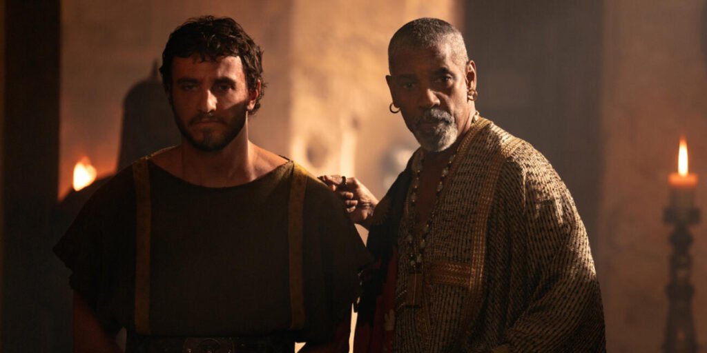 Lucius Verus (Paul Mescal) paying no attention to Macrinus (Denzel Washington) in Gladiator 2 | Agents of Fandom