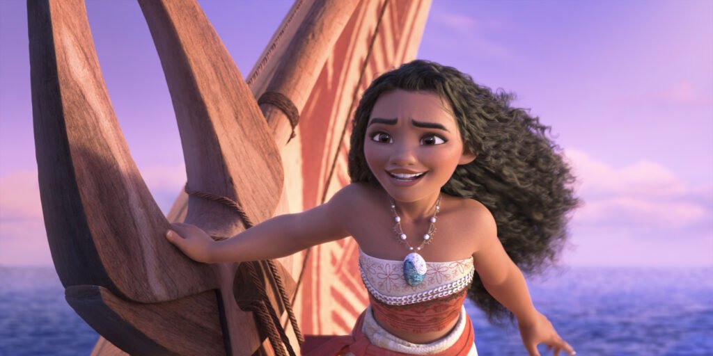 Moana (Auli‘i Cravalho) sailing a canoe in the ocean in Moana 2 | Agents of Fandom