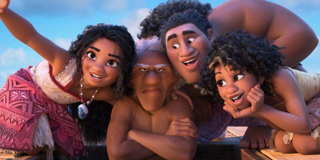 Moana (Auliʻi Cravalho), Moni (Hualālai Chung), and Loto (Rose Matafeo) smiling while Kele (David Fane) frowns with his arms crossed in Moana 2 | Agents of Fandom