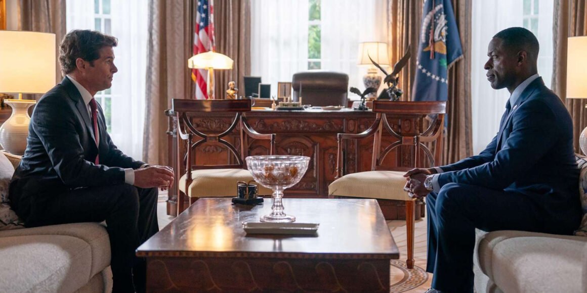 President Cal Bradford (James Marsden) sitting across Xavier Collins (Sterling K. Brown) in the Oval Office in Paradise | Agents of Fandom