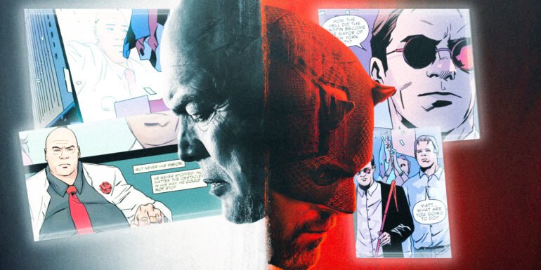 Charlie Cox Daredevil and Vincent D'Onofrio WIlson FIsk over Marvel comic book panels | Agents of Fandom