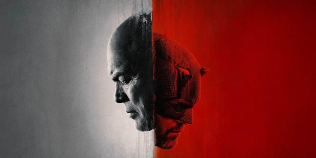 Daredevil Born again poster featuring Wilson Fisk in grey and Daredevil in red | Agents of Fandom