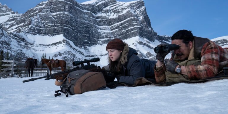 Bella Ramsey as Ellie pointing a rifle and Gabriel Luna as Tommy looking through binoculars in The Last of Us Season 2 | Agents of Fandom